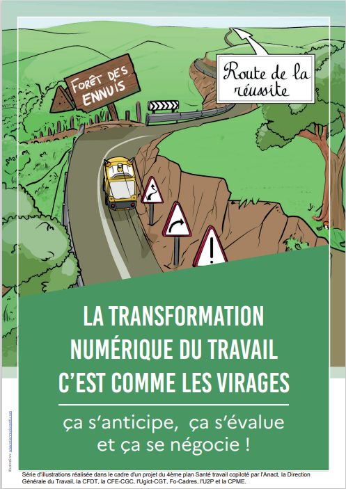 Affiche « La transformation numérique du travail, c’est comme les virages : ça s’anticipe, ça s’évalue et ça se négocie ! »