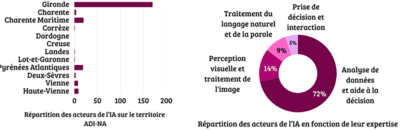 Répartition des acteurs de l’IA sur le territoire (la Gironde concentre l’essentiel des acteurs) et en fonction de leur expertise : analyse de données et aide à la décision 72 %, perception visuelle et traitement de l’image 14 %, traitement du langage naturel et de la parole 9 %, prise de décision et interaction 5 % (source ADI-NA).