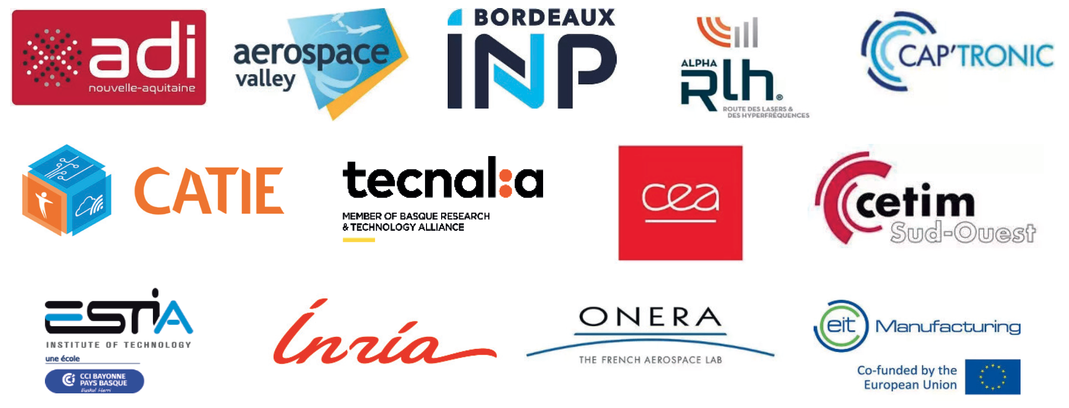 Logos des treize partenaires de DIHNAMIC : ADI Nouvelle-Aquitaine, Aerospace Valley, Bordeaux INP, Alpha RLH, Cap’Tronic, CATIE, Tecnalia, CEA, Cetim Sud-Ouest, ESTIA, Inria, ONERA, EIT Manufacturing (cofinancé par l’Union européenne).