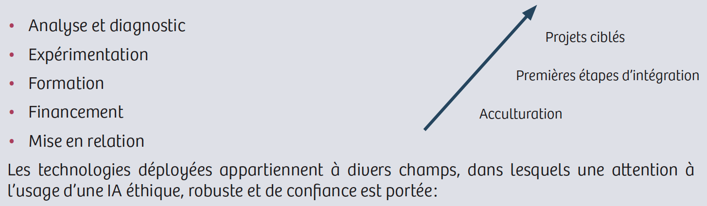 Services du dispositif DIHNAMIC selon la maturité de l’entreprise : analyse et diagnostic, expérimentation, formation, financement, mise en relation ; progression de l’acculturation aux premières étapes d’intégration puis aux projets ciblés. Les technologies déployées appartiennent à divers champs, dans lesquels une attention à l’usage d’une IA éthique, robuste et de confiance est portée.