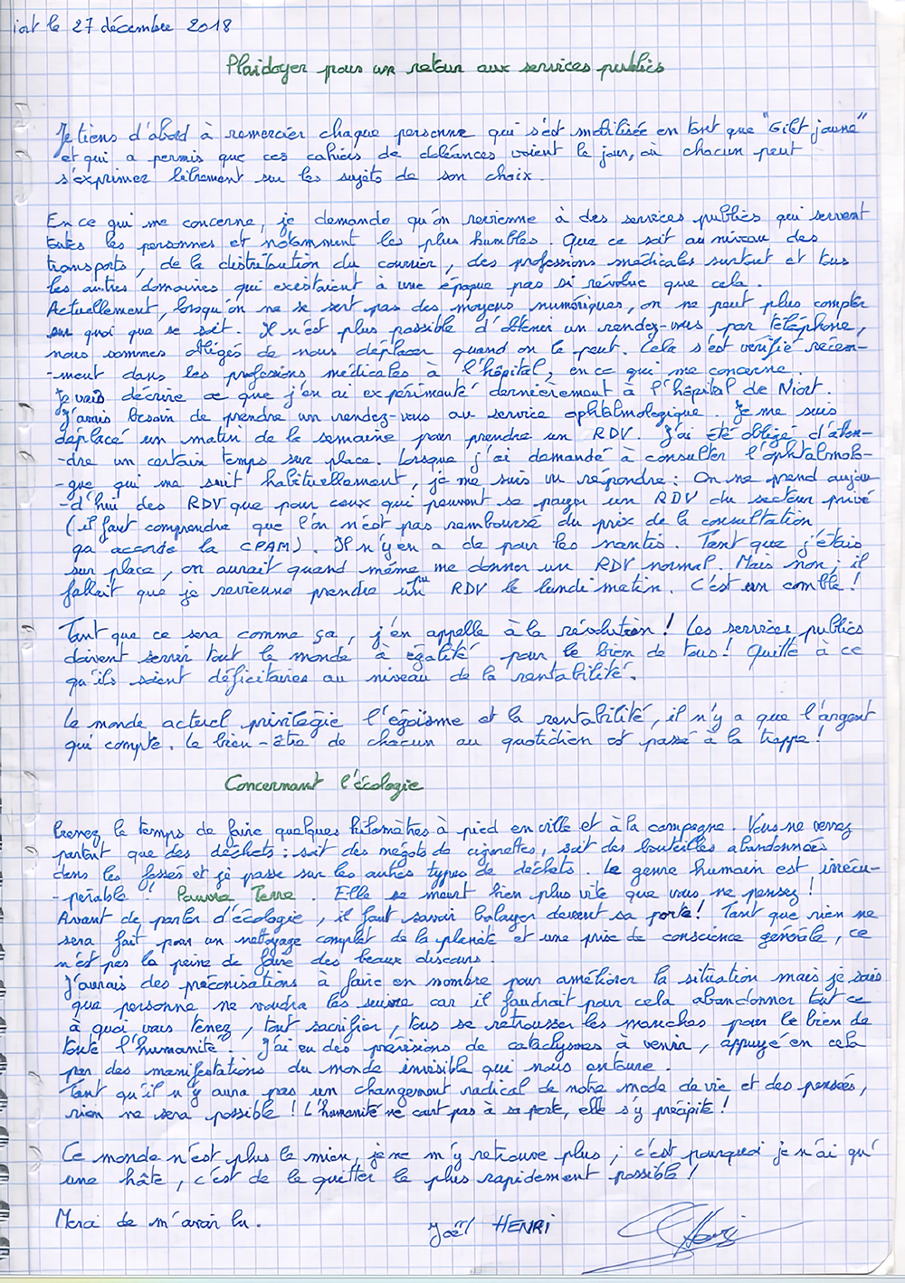 cahier lettre manuscrite services publics