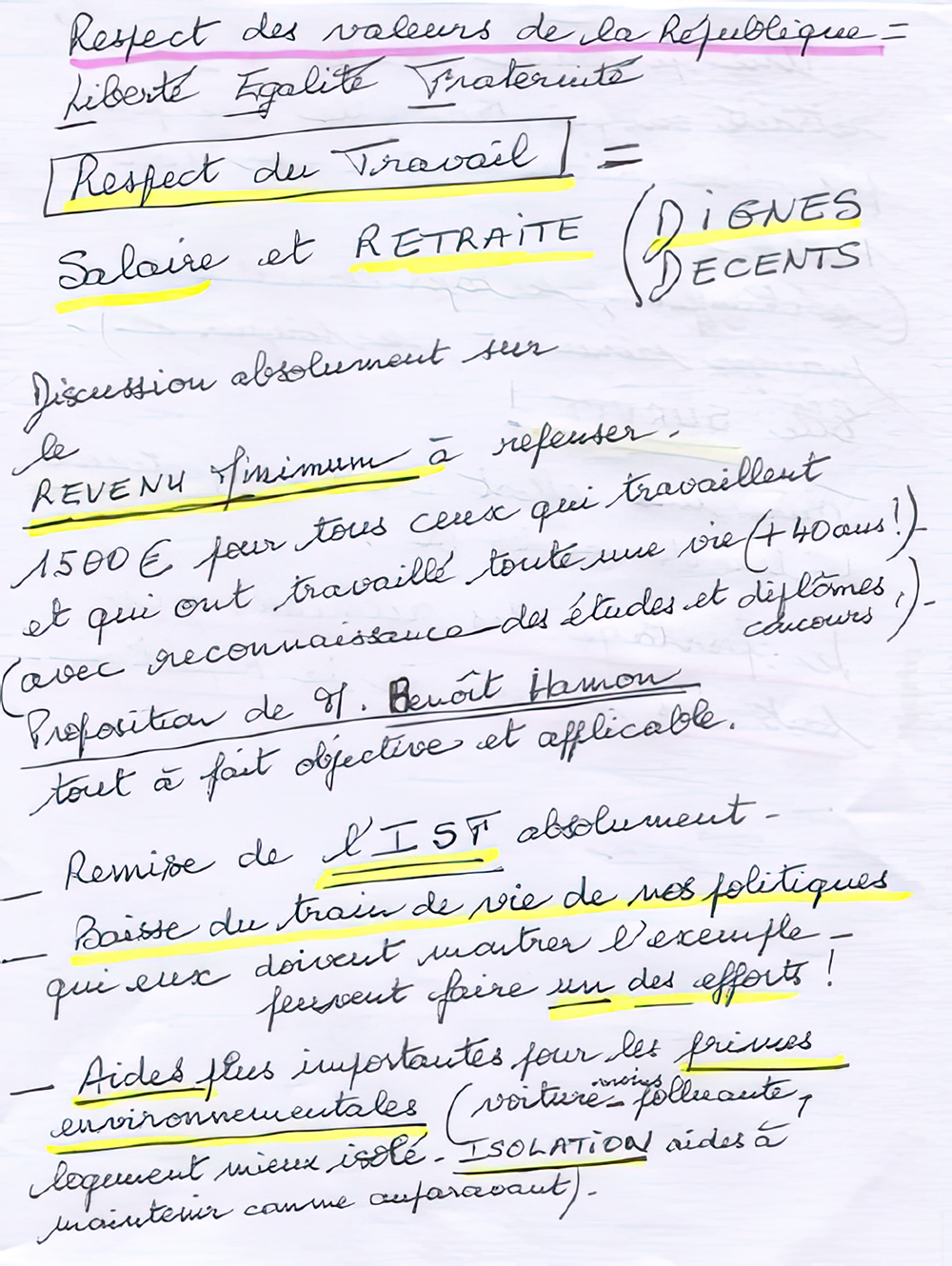 notes manuscrites revenu minimum salaire retraite